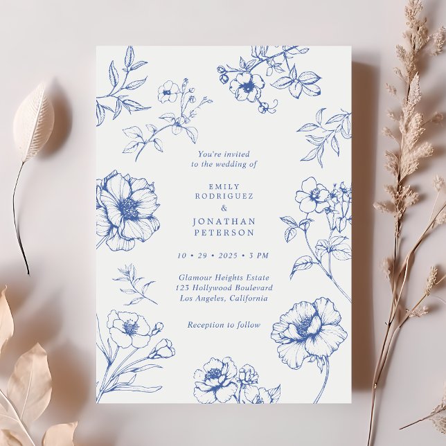 Elegant Vintage Blommigt Fransk Blue Bröllop Inbjudningar (Skapare uppladdad)