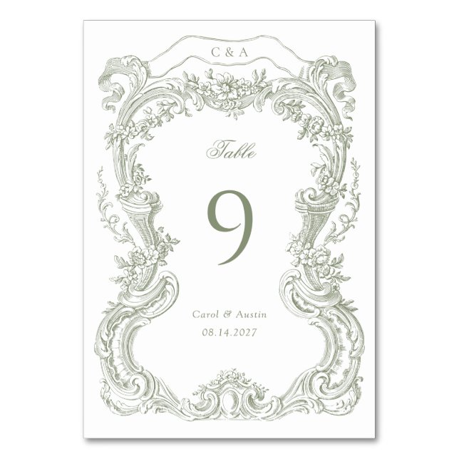 Elegant Vintage Blommigt Grönt Toile Bröllop Bordsnummer (Framsidan)