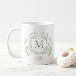 Elegant Vintage Blommigt Grönt Vapensköld Monogram Kaffemugg