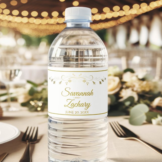 Elegant Vintage Blommigt Guld Flourish Bröllop Vattenflaskor Etikett (Skapare uppladdad)