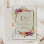 Elegant Vintage Blommigt Kvinnor 40:e födelsedagen Inbjudningar<br><div class="desc">Elegantens vintage,  lila,  rött och gult,  blommigt för vattenfärg och guld ram kvinnors 40-årsinbjudan. Anpassadet är helt och hållet,  så det här kortet kan ändras i vilken ålder som helst.</div>