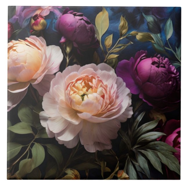 Elegant vintage blommigt måla kakelplatta (Framsidan)