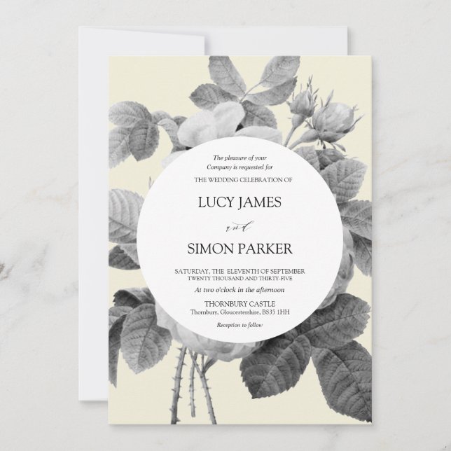 Elegant Vintage Blommigt monokrome Ro Inbjudningar (Framsida)