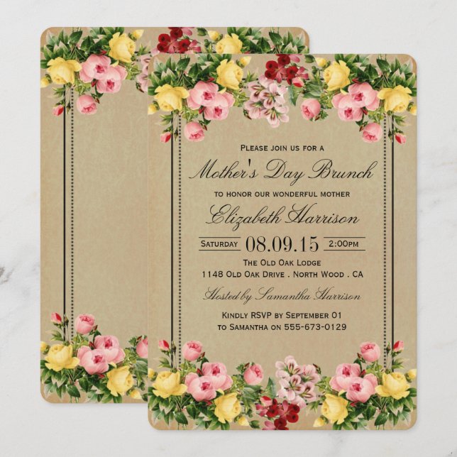 Elegant Vintage Blommigt Mors dag Brunch Inbjudningar (Fram/baksida)