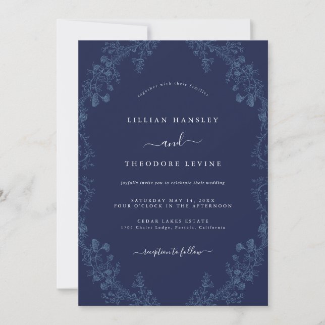 Elegant Vintage Blommigt Navy Bröllop Inbjudningar (Framsida)