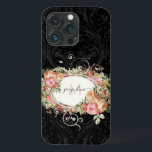 Elegant Vintage Blommigt Rosa Black Script Monogra<br><div class="desc">"Elegant Vintage Blommigt Rosa Black Script Monogram iPhone 13 Fodral."   Elegant vintage botanical blommigt bouquet ramar ditt namn och monogram över en fuktmönsterbakgrund med svart ton på ton.  Skapat av den internationellt licensierade konstnären Audrey Jeanne Roberts,  upphovsrätt.</div>