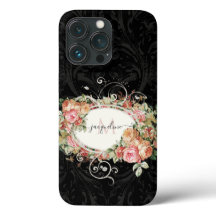 Elegant Vintage Blommigt Rosa Black Script Monogra