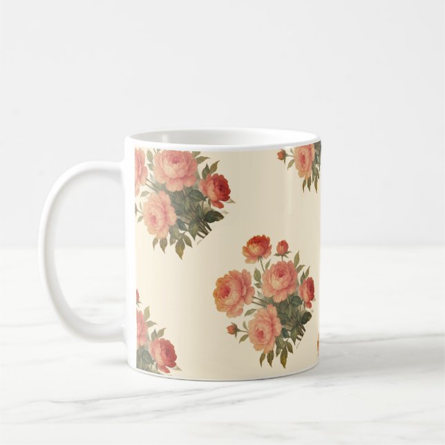 Elegant Vintage Blommigt Rosa Peonies Elegant Kaffemugg (Vänster)