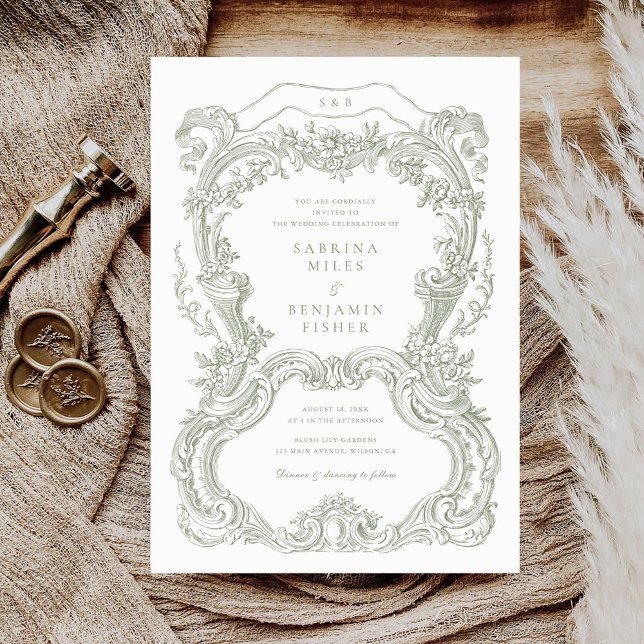 Elegant Vintage Blommigt Sage Toile Ram Bröllop Inbjudningar (Skapare uppladdad)