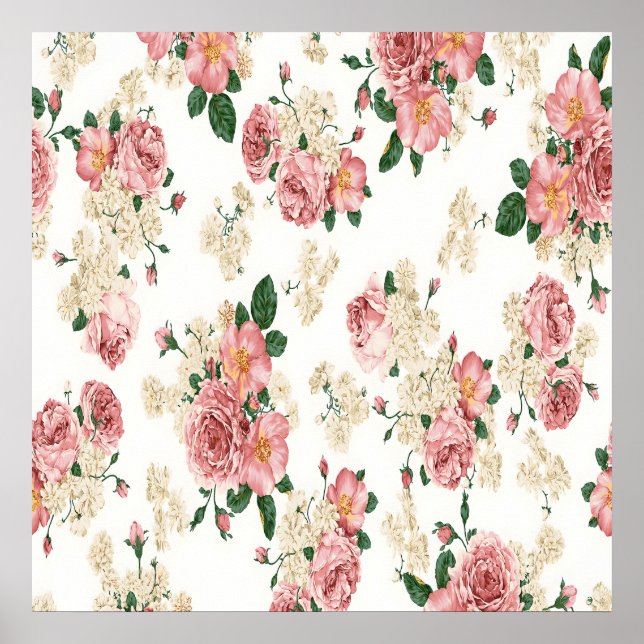 Elegant Vintage Blommigt Tapet Poster (Framsidan)