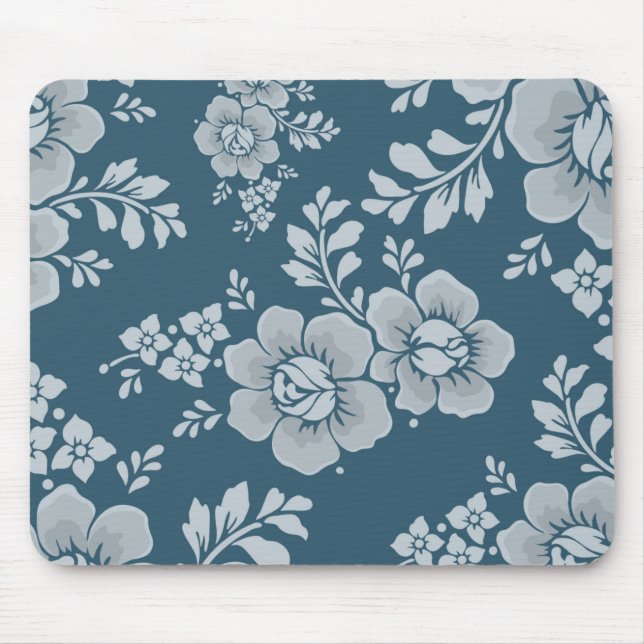 Elegant Vintage Blommönster i Blått Musmatta (Framsidan)
