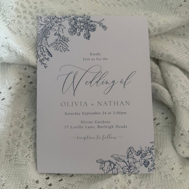 Elegant Vintage Blue Blommigt Bröllop Inbjudningar (Skapare uppladdad)