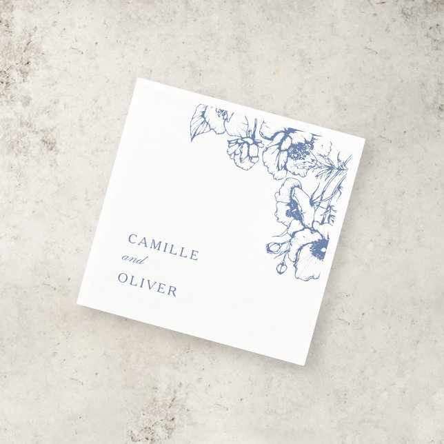 Elegant Vintage Blue Blommigt Garden Wedding Namn Pappersservett (Skapare uppladdad)