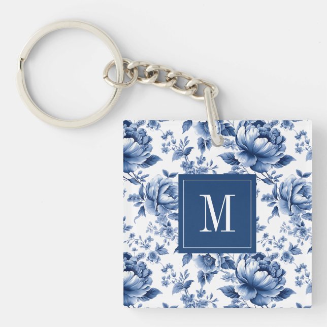 Elegant Vintage Blue Blommigt Monogram (Framsidan)