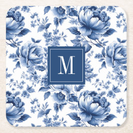 Elegant Vintage Blue Blommigt Monogram Underlägg Papper Kvadrat