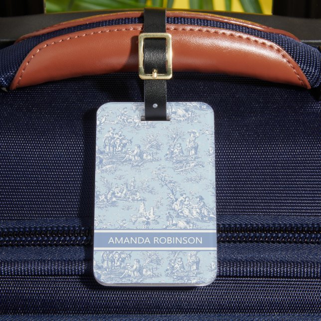 Elegant vintage blue grått toile de jouy bagagebricka (Framsida Insitu 2)