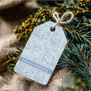 Elegant vintage blue grått toile de jouy gift märk presentetikett