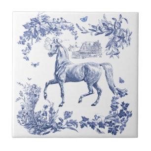 Elegant Vintage Blue Horse Blommigt Kakelplatta
