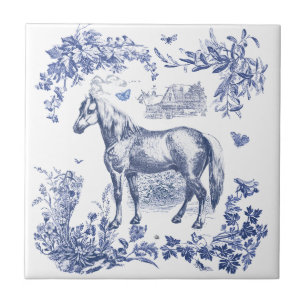 Elegant Vintage Blue Horse Blommigt Kakelplatta