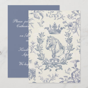 Elegant Vintage Blue Horse Krona Laurel Bow Vapens Inbjudningar