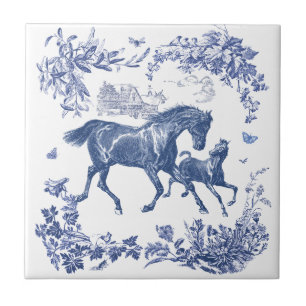 Elegant Vintage Blue Horses Blommigt Kakelplatta
