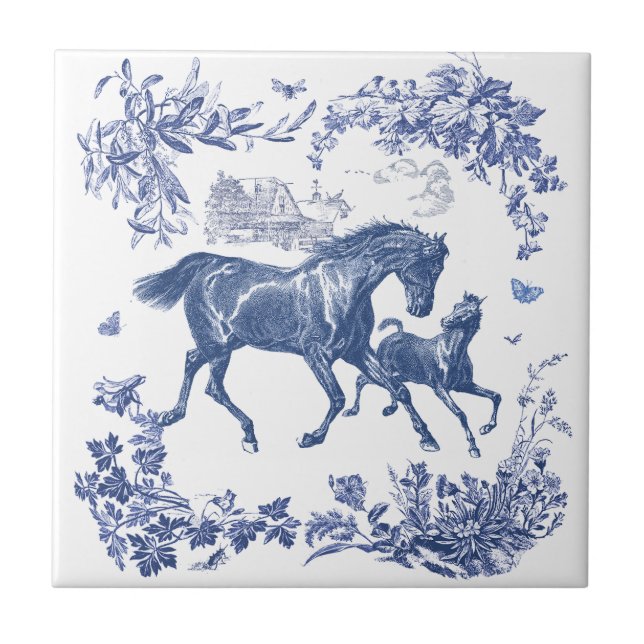 Elegant Vintage Blue Horses Blommigt Kakelplatta (Framsidan)
