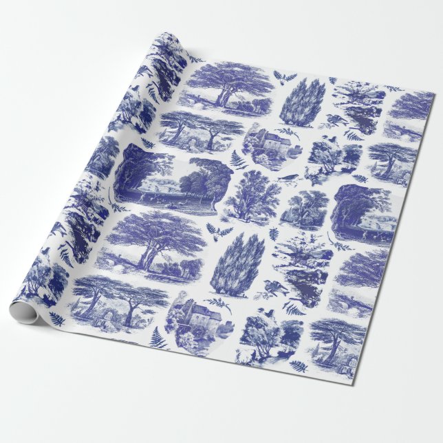 Elegant Vintage Blue Land Pastoral Toile Presentpapper (Utrullad)