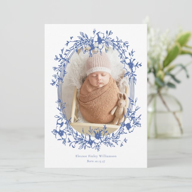 Elegant Vintage Blue Ram Photo Baby Birth Meddelande (Stående Fram)