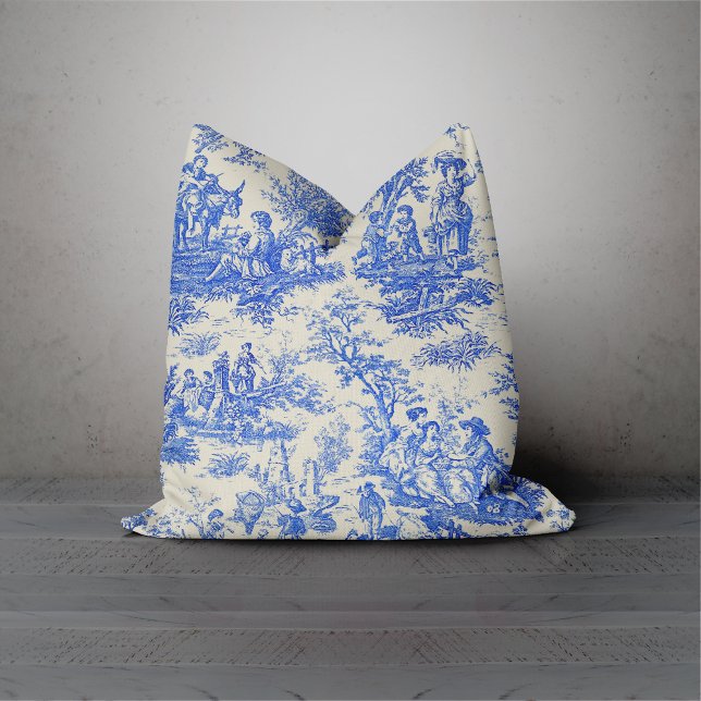 Elegant vintage blue toile de jouy kudde (Skapare uppladdad)