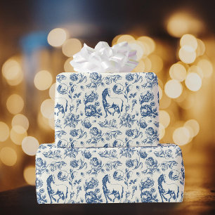 Elegant Vintage Blue Toile Horse Blommönster Presentpapper