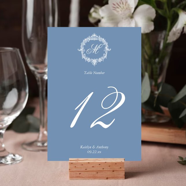 Elegant Vintage Blue Toile Monogram Wedding Bordsnummer (Skapare uppladdad)