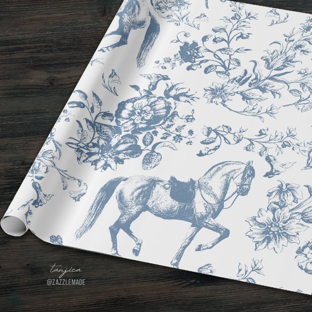 Elegant Vintage Blue White Horse Blommönster Presentpapper (Skapare uppladdad)