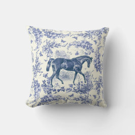 Elegant Vintage Blue White Horse Floral Toile Kudde