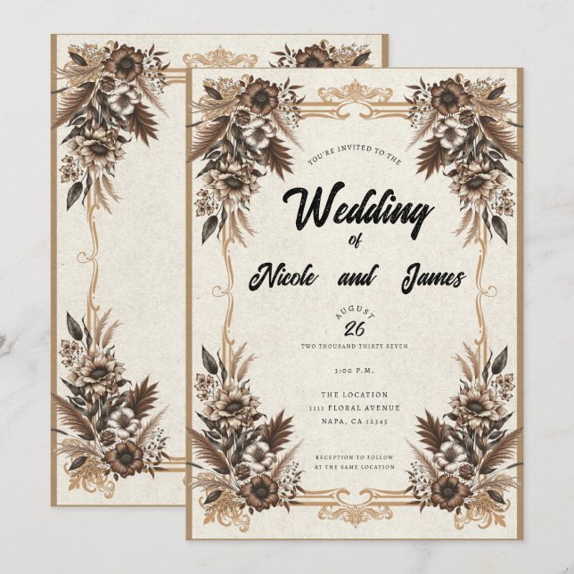 Elegant Vintage Boho Blommig Bröllop  Inbjudningar (Fram/baksida)