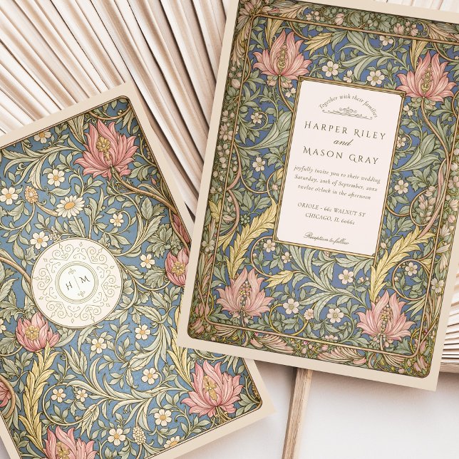 Elegant Vintage Botanical William Morris Bröllop Inbjudningar (Skapare uppladdad)