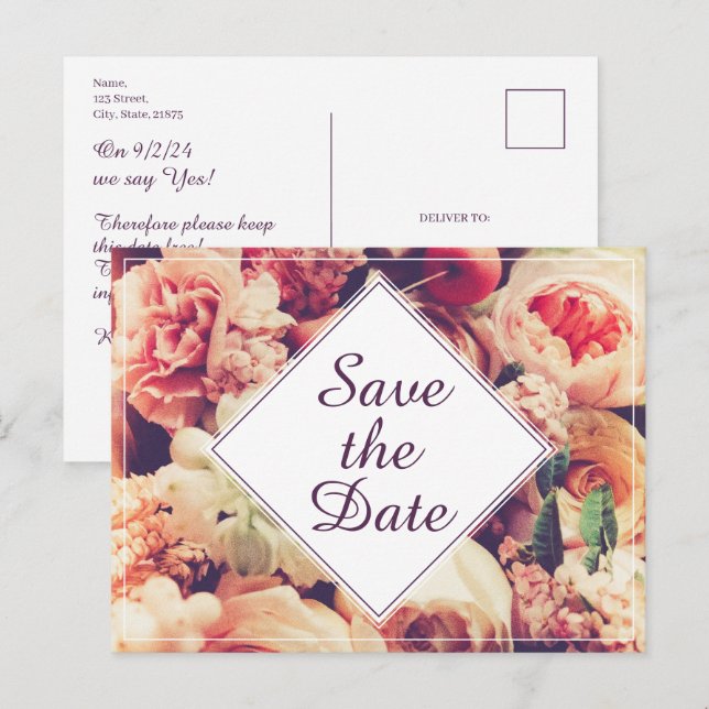 Elegant Vintage bröllop, blomstermotif Helg Vykort (Fram/baksida)