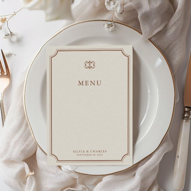 Elegant Vintage Brown & Ecru Classic Bröllop Menu Meny (Elegant Vintage Brown & Ecru Classic Wedding Menu)