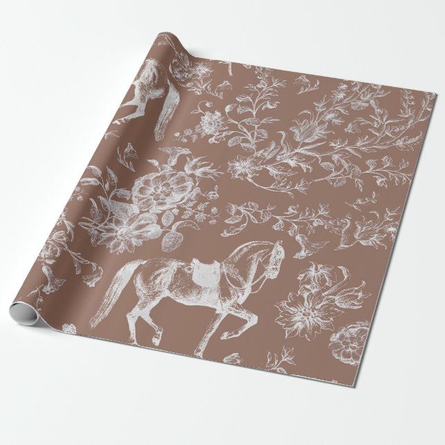 Elegant Vintage Brown Horses Blommigt Patter Presentpapper (Utrullad)