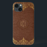 Elegant Vintage Brun läder Guld-dekortecken<br><div class="desc">Elegant vintage bruna toner faux läder ser ut med gyllene toner blommigt snöre. Anpassade monogram är valfritt.</div>