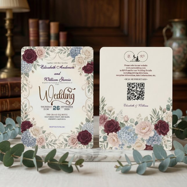 Elegant Vintage Burgunder Blommig Modern QR-kod Inbjudningar (Skapare uppladdad)