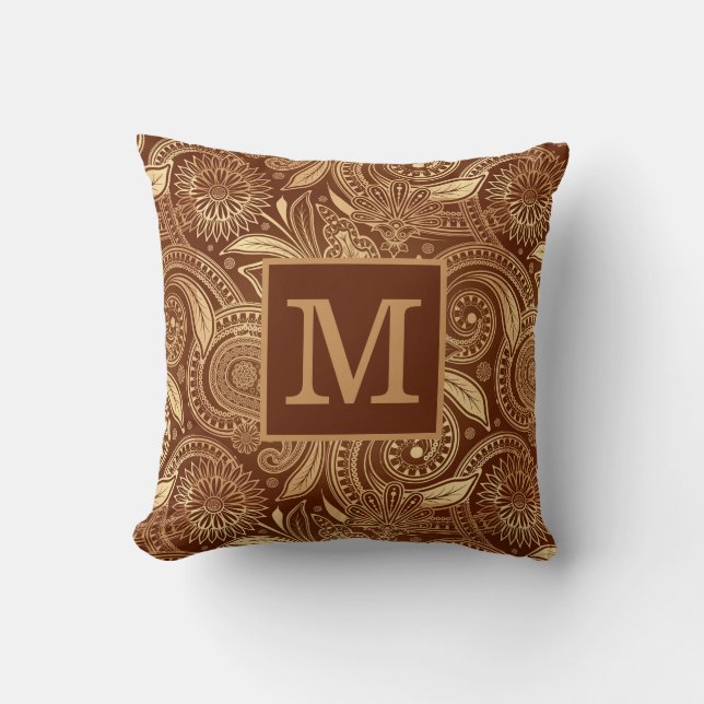 Elegant Vintage Burgunder Guld Paisley Monogram Kudde (Framsida)