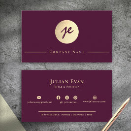 Elegant Vintage Burgunder Vin Guld Script Monogram Visitkort