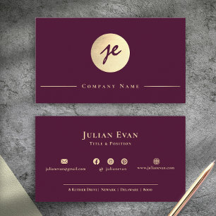 Elegant Vintage Burgunder Vin Guld Script Monogram Visitkort
