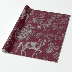 Elegant Vintage Burgundergrå Häst Blommönster Presentpapper