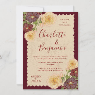 Elegant Vintage Burgundy Blommig Bröllopsinbjudan Inbjudningar