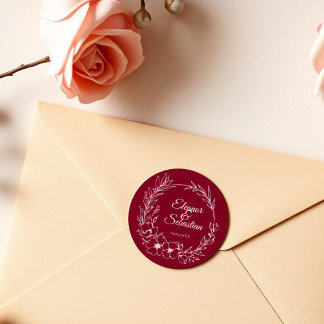 Elegant Vintage Burgundy Blommigt Bröllop Runt Klistermärke