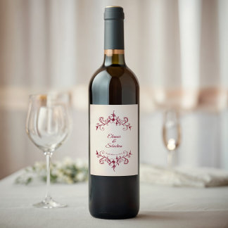 Elegant Vintage Burgundy Blommigt Bröllop Vinflaska Etikett