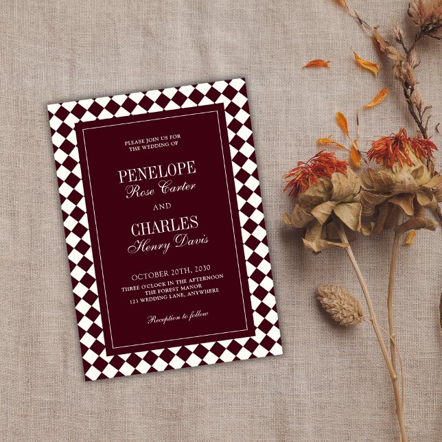 Elegant Vintage Burgundy Checkered Formal Wedding Inbjudningar (Skapare uppladdad)
