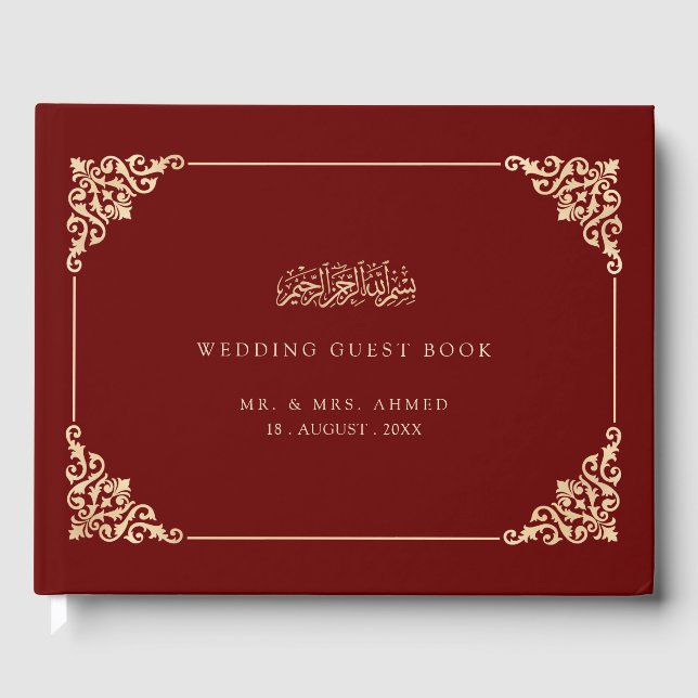 Elegant Vintage Burgundy Red Muslim Bröllop Gästböcker (Framsida)