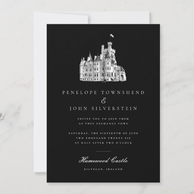 Elegant Vintage Castle Illustration Black Bröllop Inbjudningar (Framsida)